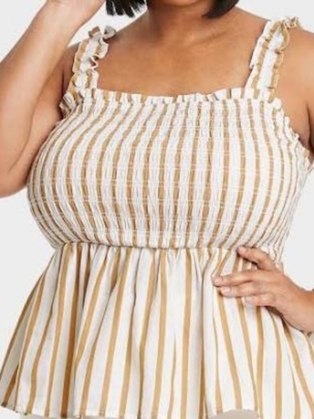 Ava & Viv Cream and Tan Striped Smocked Peplum Dress